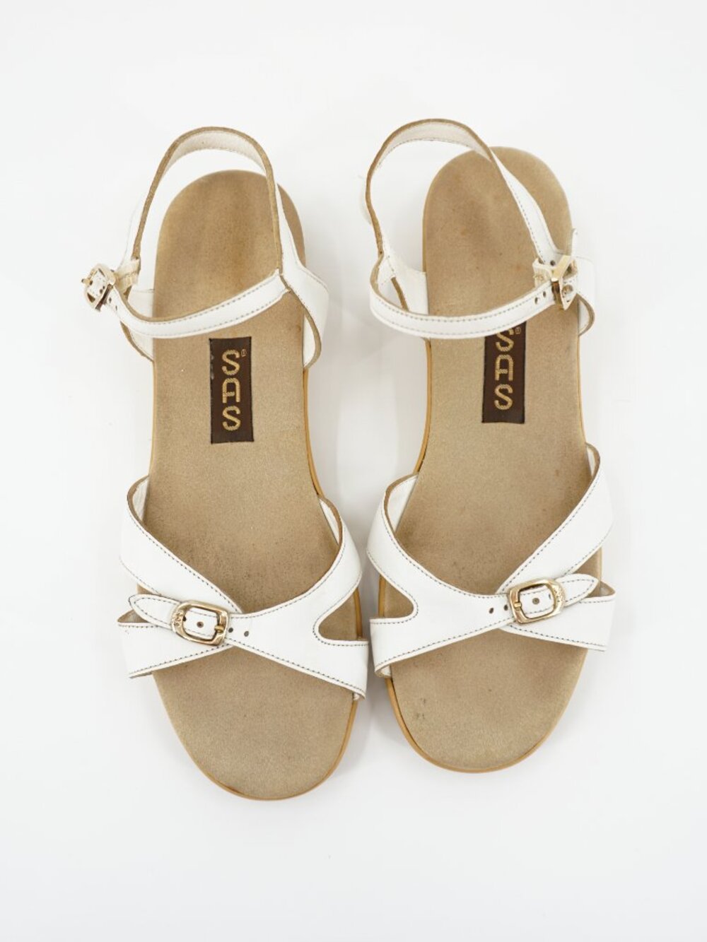SAS Leather Strap Sandals White Women's Sz 8M Heel Buckles Soft Step Heels VTG